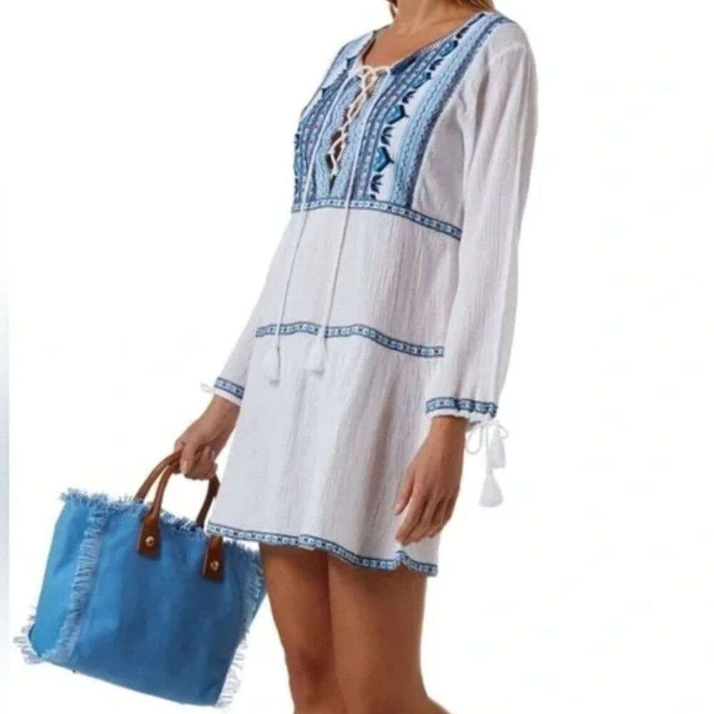 Melissa Odabash Embroidered Swim CoverUp Mini Dress Size XS Millie White Blue - Picture 6 of 10